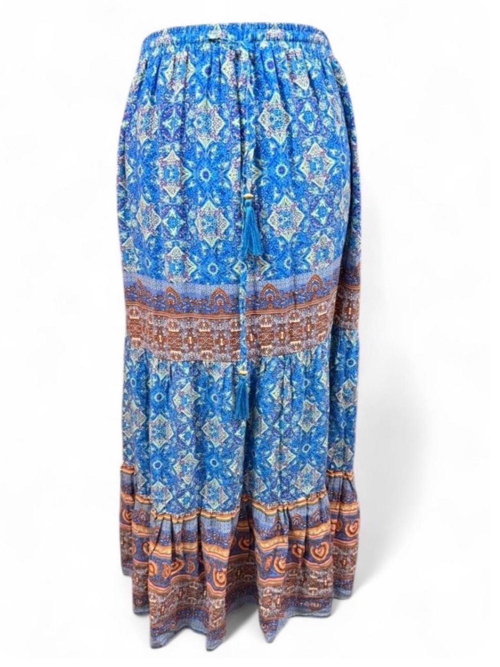 Christine Blue Boho Tiered Maxi Skirt Size Large Festival Cottagecore Rayon
